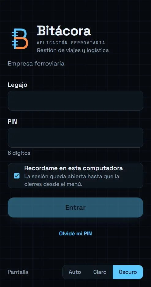 Pantalla de ingreso en tema oscuro, con legajo y PIN