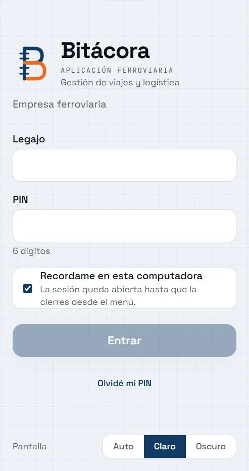 Pantalla de ingreso en tema claro