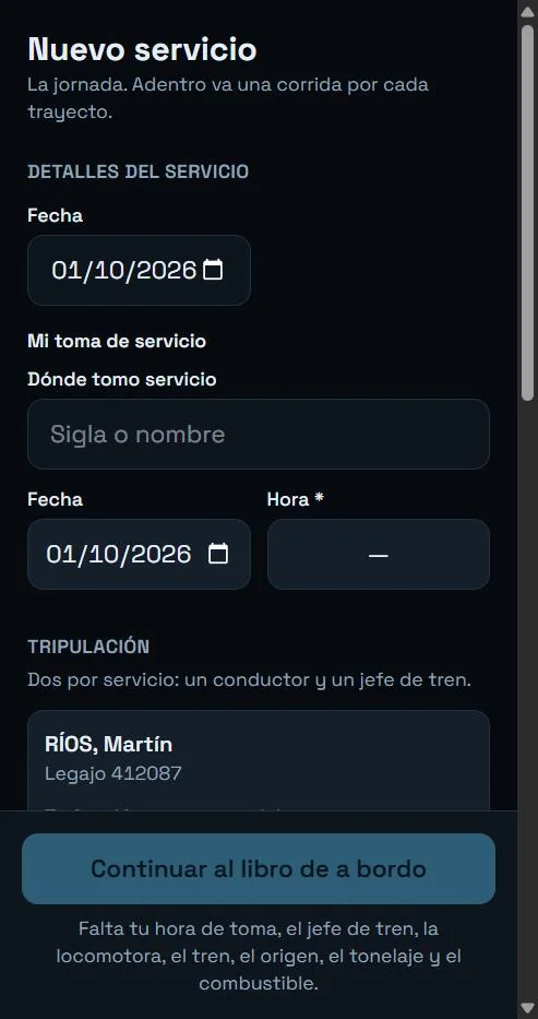Alta de servicio con tripulación y formación