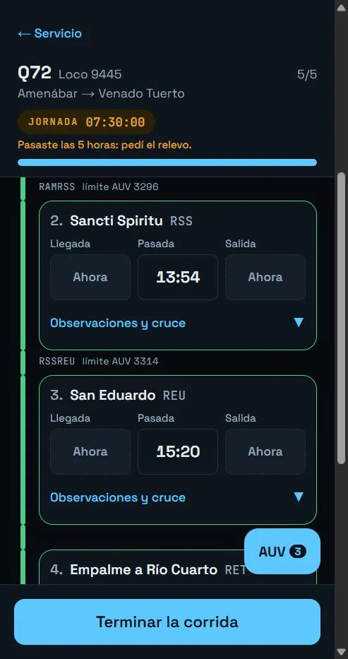 Estaciones con llegada, pasada y salida