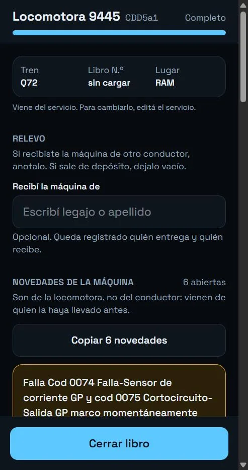 Cabecera del libro con relevo y novedades de la máquina