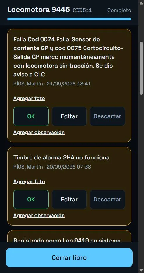 Novedades abiertas de la locomotora con sus acciones