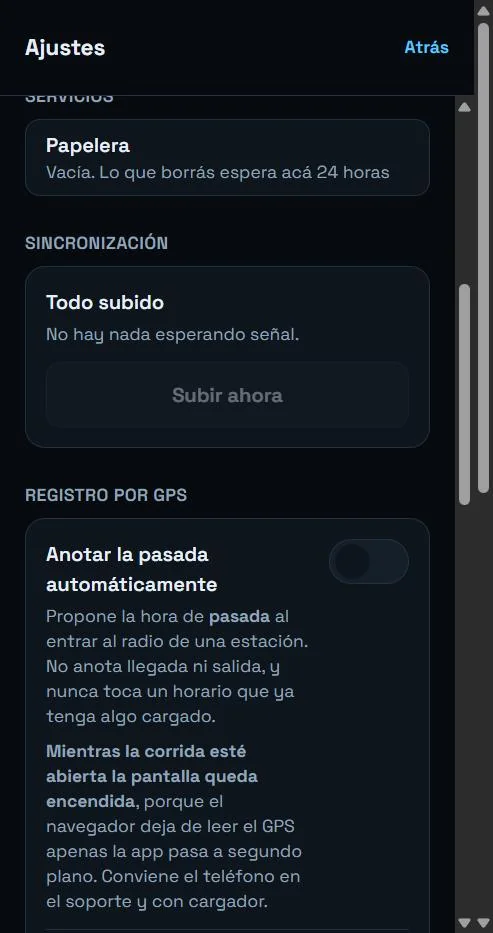 Ajustes con el estado de sincronización y el registro por GPS