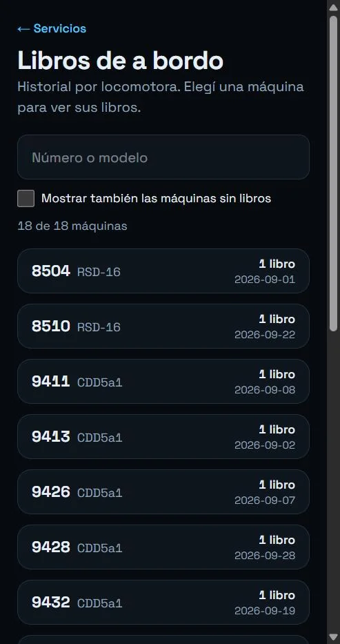 Buscador de locomotoras con su cantidad de libros