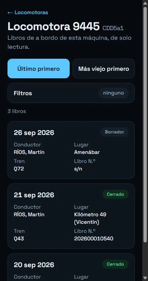 Historial de libros de una locomotora con filtros