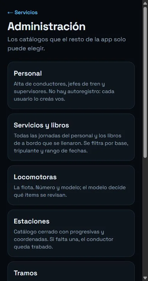 Panel de administración con sus catálogos
