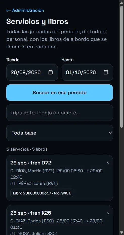 Todas las jornadas del período con filtros