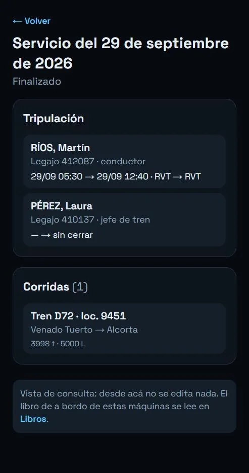 Hoja de un servicio en modo consulta